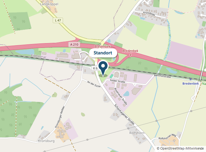 Lage der Bredenbeker Gewerbequartiere an der Schönhagener Straße, rund 2 km zur A210